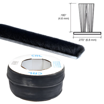 Black high-density woven pile weatherstripping with double center fin on polypropylene backing, roll (SKU A11418BBL)