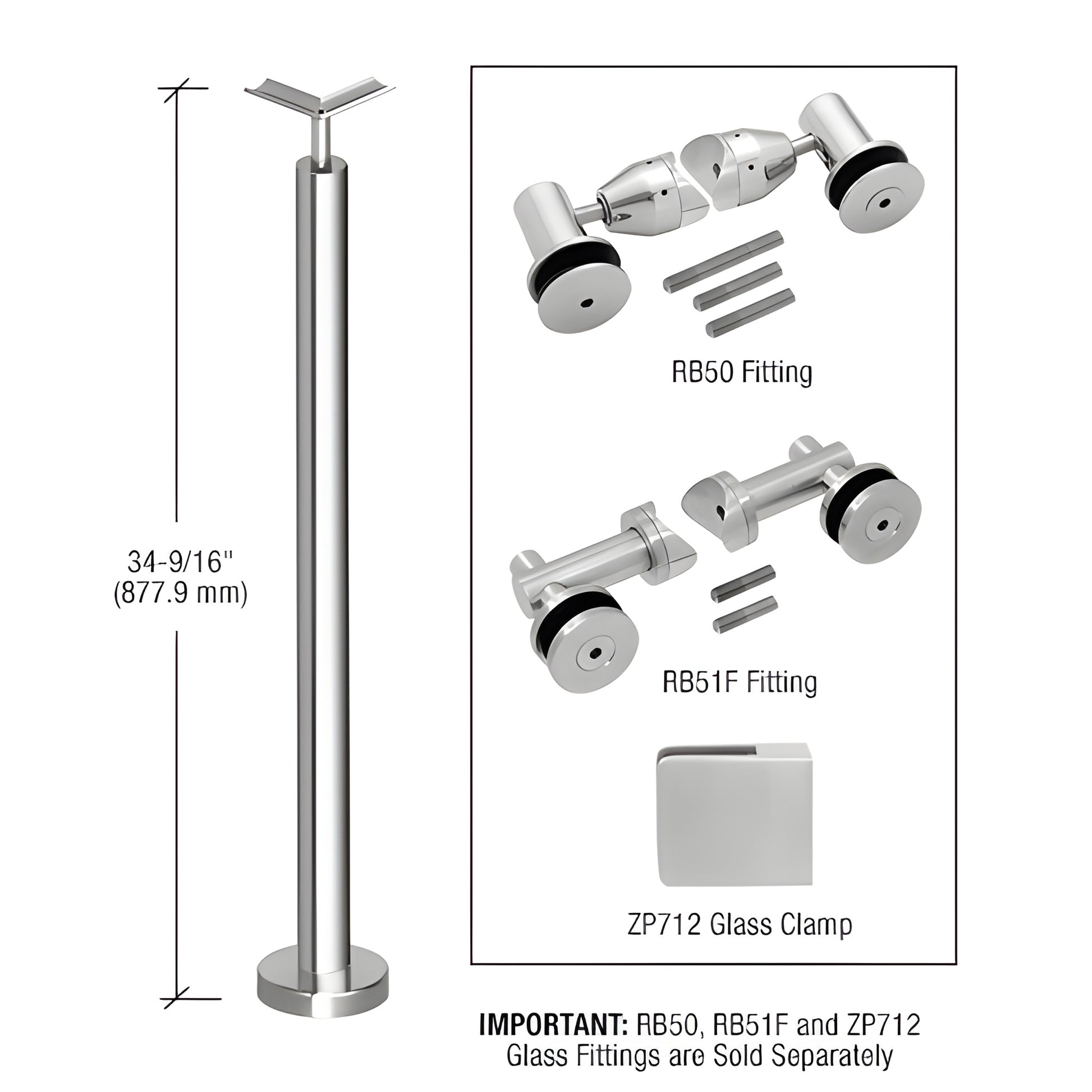 P7F36LPS stainless steel surface-mounted post railing kit, polished finish, 34 9/16" (878 mm) tall, base plate included