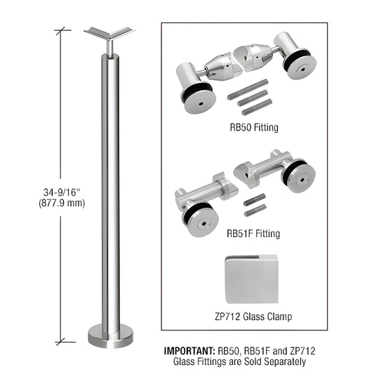 P7F36LPS stainless steel surface-mounted post railing kit, polished finish, 34 9/16" (878 mm) tall, base plate included