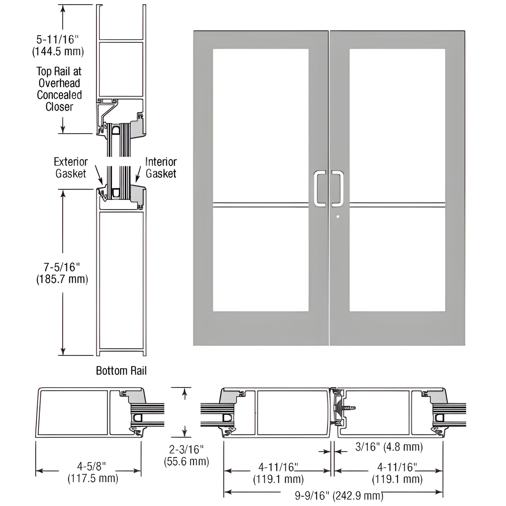 SF62411 medium-stile double entrance pair, clear anodized, 4-5/8 stiles, impact-rated, prepped for concealed closer and hard