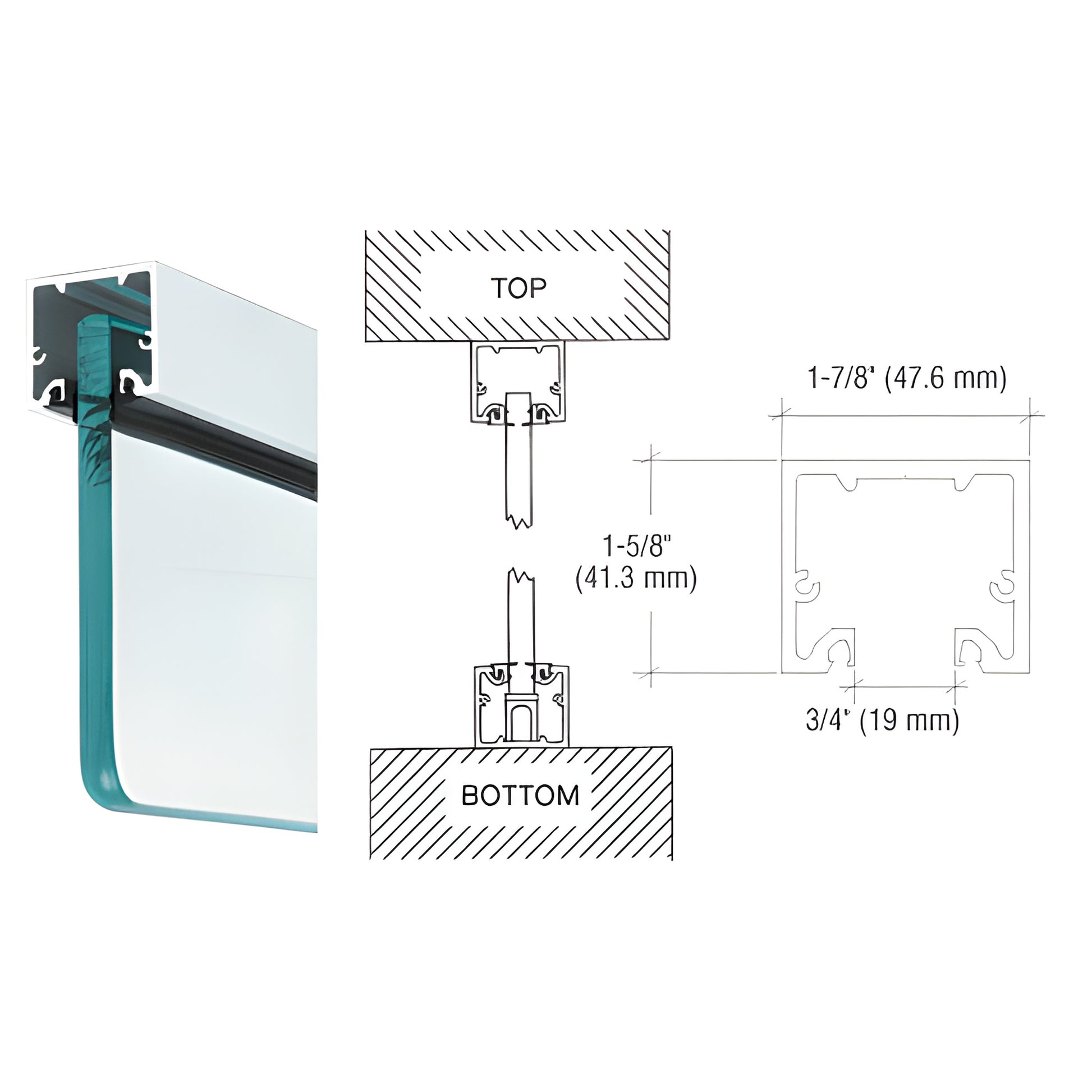 NH2SACL satin anodized narrow header/U-channel for 1/2" (12 mm) glass, 1-5/8" H 1-7/8" W, profile and install diagram