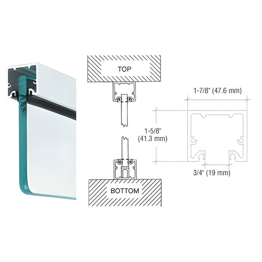 NH2SACL satin anodized narrow header/U-channel for 1/2" (12 mm) glass, 1-5/8" H 1-7/8" W, profile and install diagram