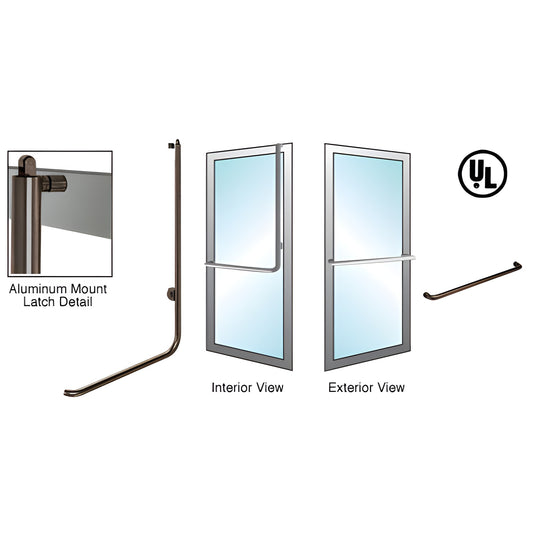 Oil-rubbed bronze PA100A3AK0RB panic handle for 1/2 or 3/4 tempered glass doors, vertical 1-1/4" tube, interior exit bar.