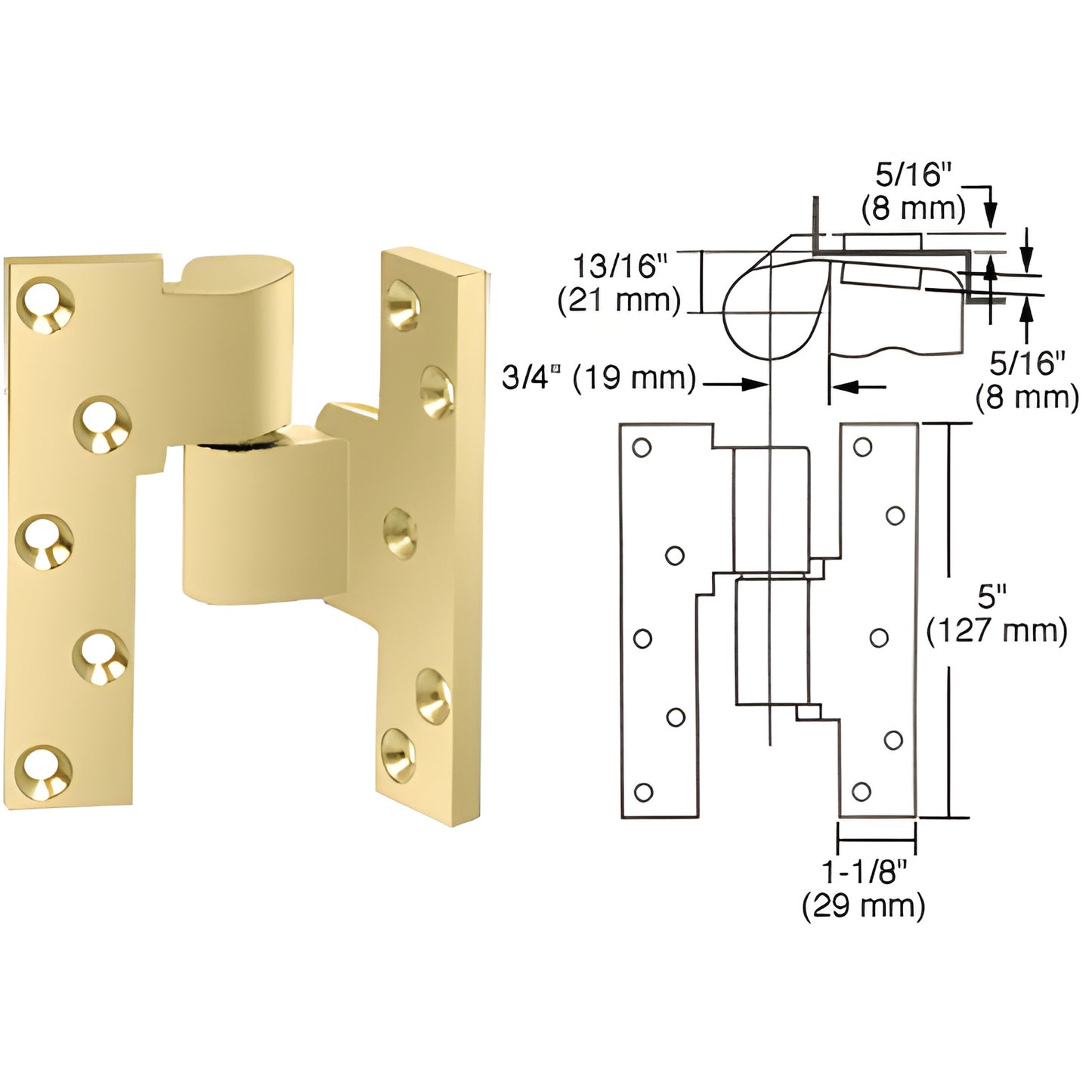 Rixson polished brass 3/4" offset intermediate pivot SKU M19RHPB, right-hand mortised aluminum pivot for doors up to 90 in.