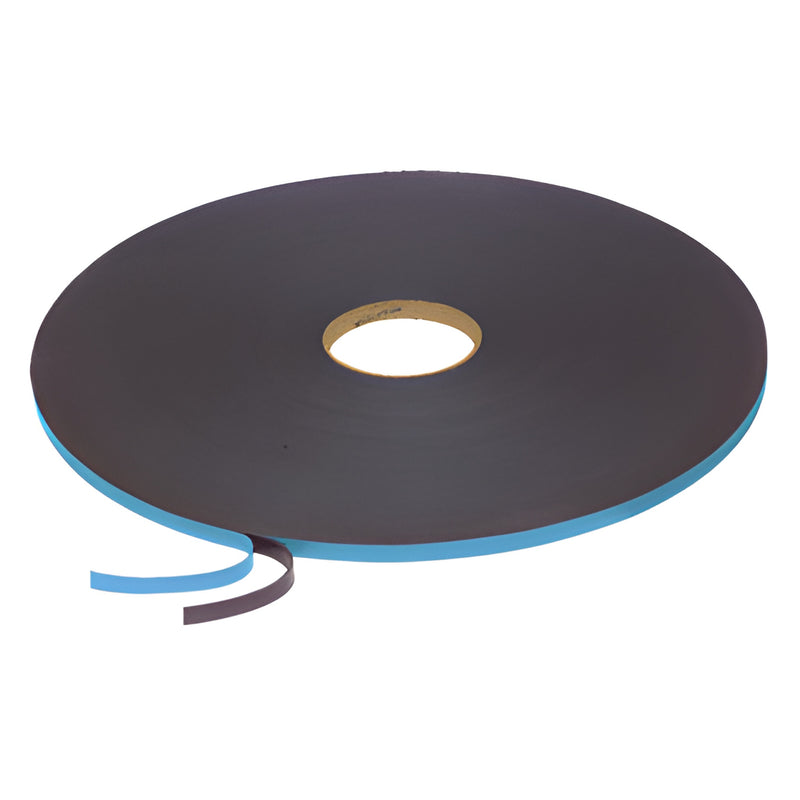 Roll of black double-sided foam glazing tape with blue liner, 3/8 in wide, 200 ft, pressure-sensitive adhesive
