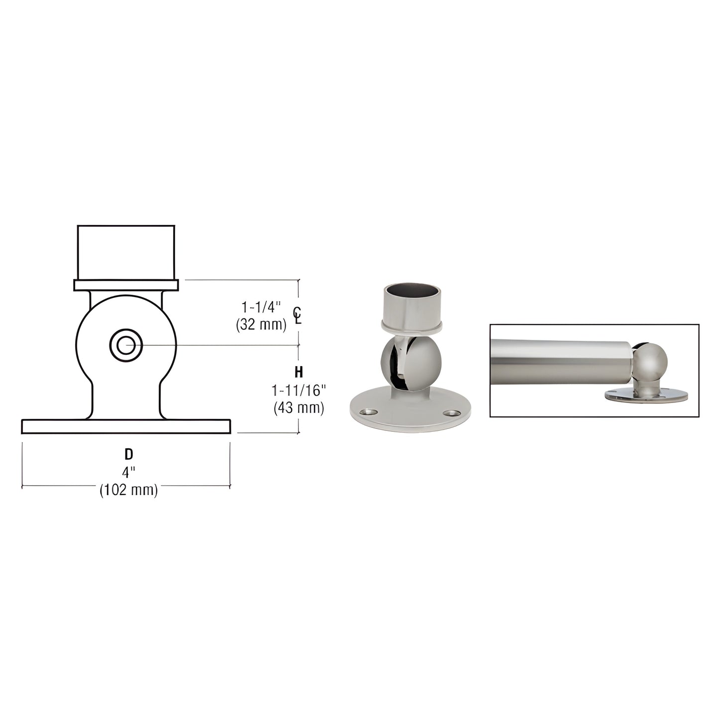 HR20PFBS 360 deg adjustable brushed stainless corner fitting for 50.8 mm handrail tubing, base-mount