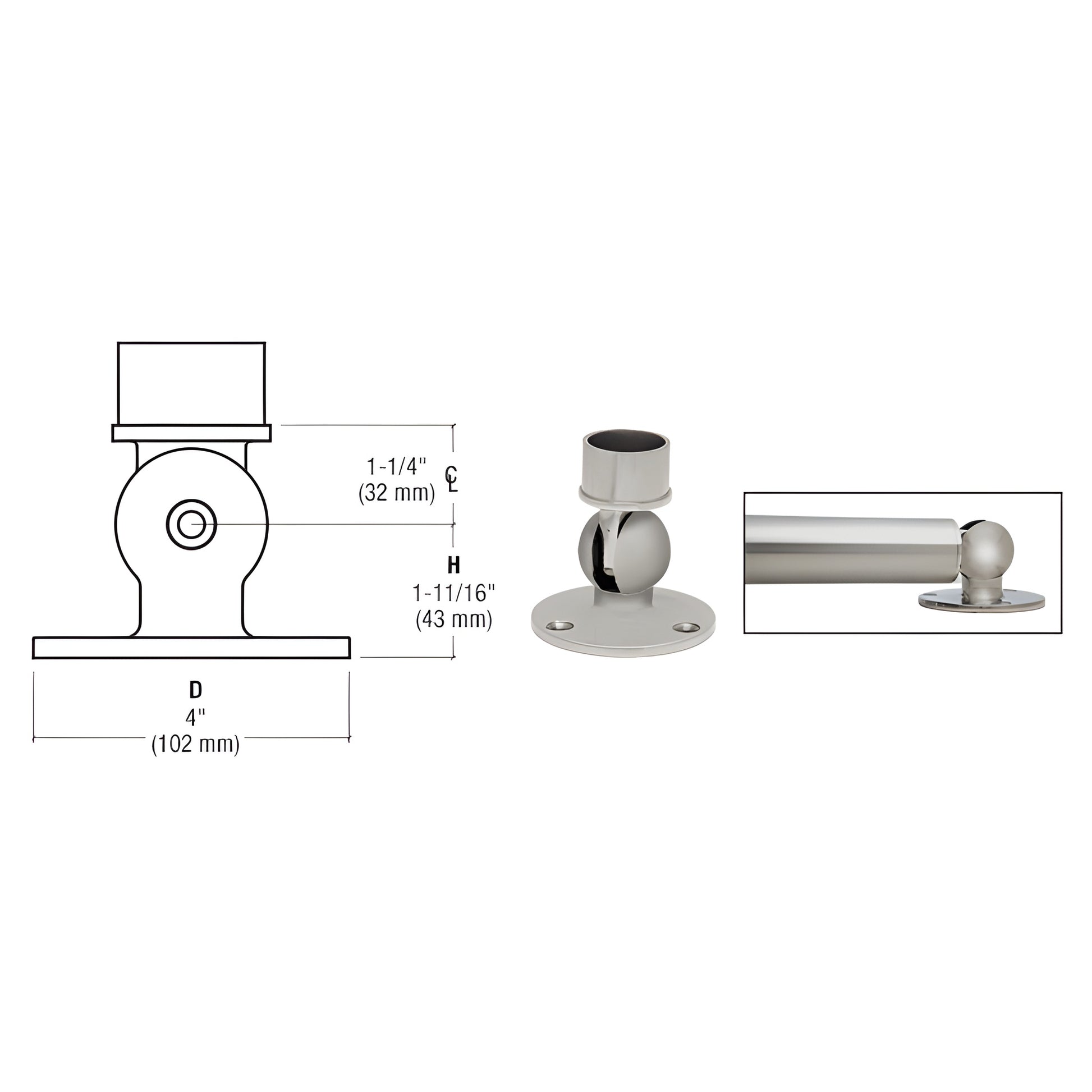 HR20PFBS 360 deg adjustable brushed stainless corner fitting for 50.8 mm handrail tubing, base-mount