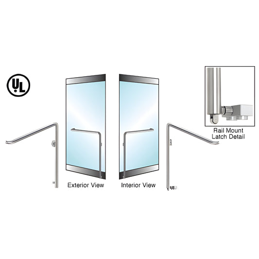 CRL-Blumcraft glass door panic handle, brushed stainless rail-mount, 1-1/4" dia for 3/4" tempered glass. SKU 3P110C4RKBS