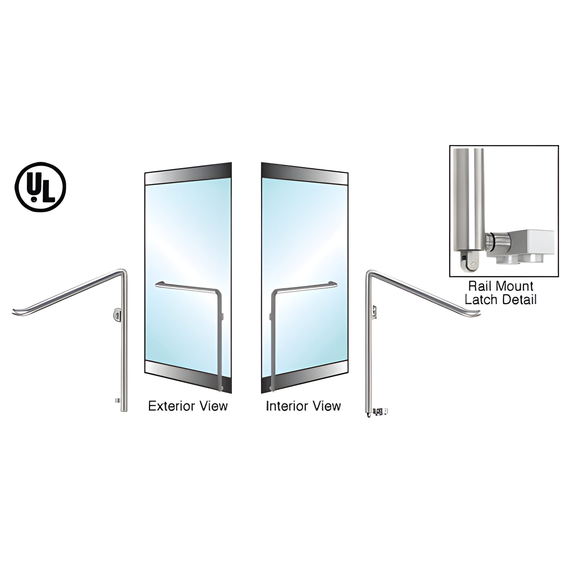 Polished stainless steel 1-1/4" rail-mount glass door panic handle for 3/4" tempered glass, SKU 3P110C4RKPS