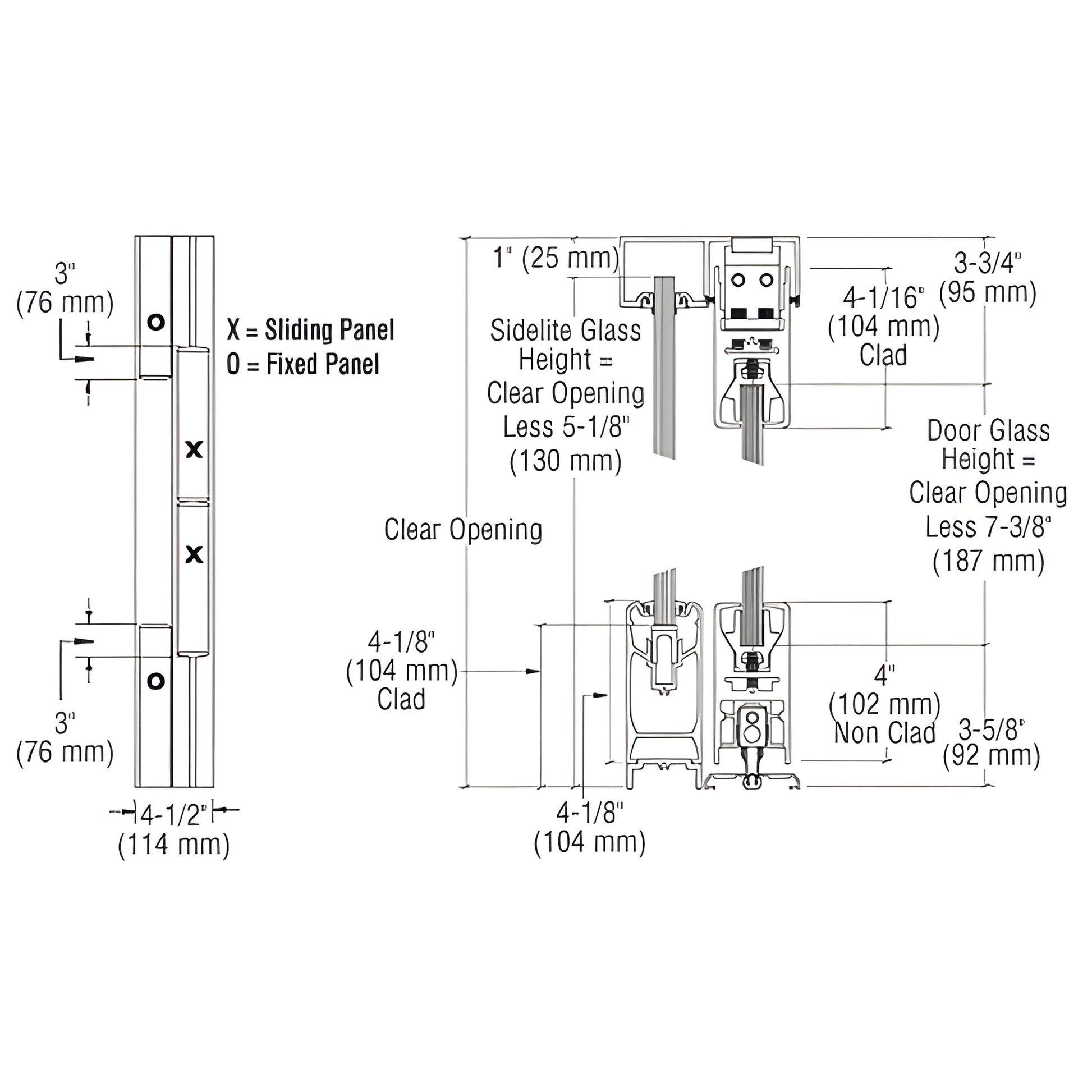 CRL SSR bottom-rolling sliding door system (SKU 4SSR4FSA), satin anodized 4 in rails, 4-panel, max 48x108 in - technical draw