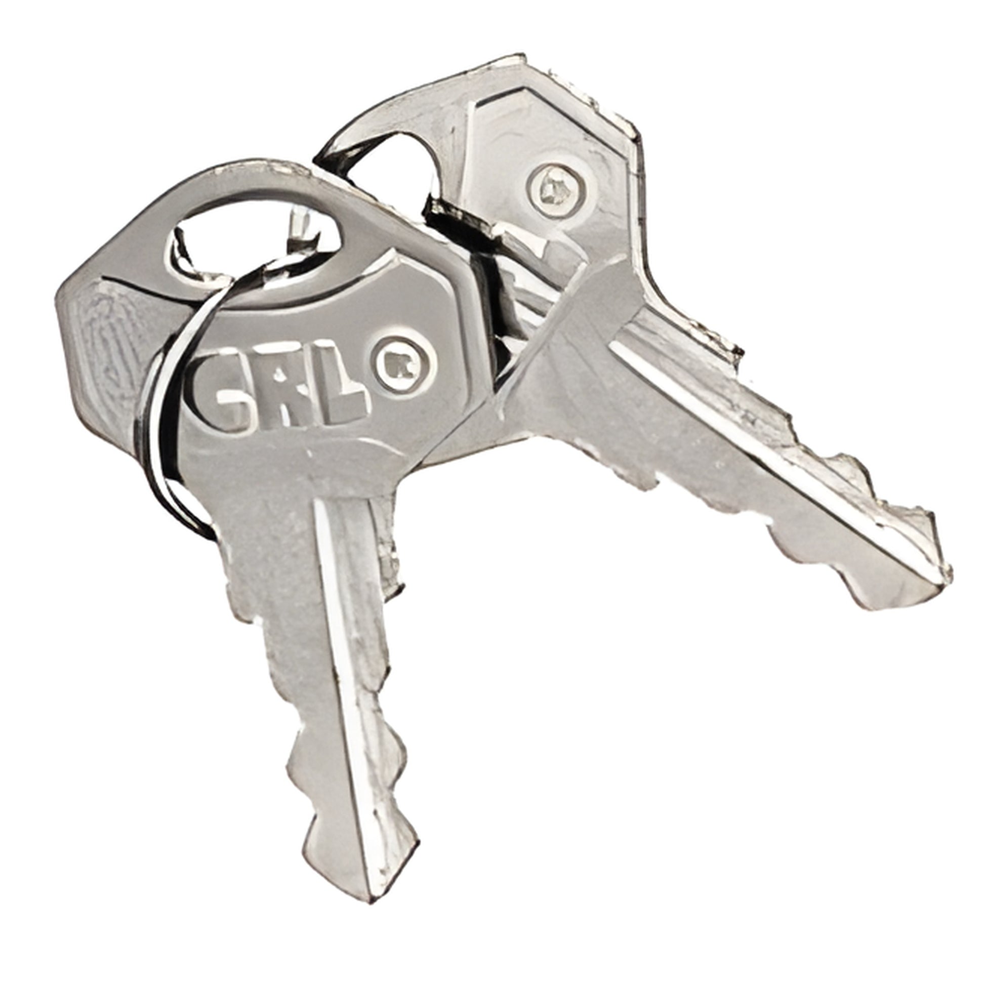 Pair of chrome CRL keys on a small key ring for sliding glass door lock (SKU 2040KEY)