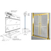 A technical diagram showing the pivot and floor closer assembly alongside a finished satin brass entry door with panic hardware.