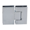 A front-facing view of the adjustable 180-degree glass-to-glass hinge in polished chrome.
