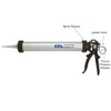 The CRL caulking gun shown with labels pointing to the rotating barrel, ladder hook, and thumb pressure release features.