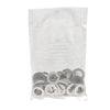 A clear plastic bag containing a 50-pack of stainless steel washers.