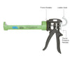 The CRL caulking gun is shown with labels pointing to the rotating frame, ladder hook, and thumb pressure release features.