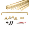 The hardware components for the sliding shower door kit, including the brite gold header, handle, rollers, and installation screws.