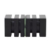 A side profile view of the matte black square back-to-back knob mounted on a piece of glass.