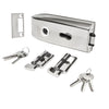 The CRL glass mounted latch kit includes a stainless steel housing, locking cylinders, and keys for 3/8 inch or 1/2 inch thick glass.