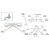A polished stainless steel double arm spider fitting shown with detailed technical dimension drawings.