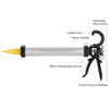 The CRL Cox Avon 15-inch caulking gun labeled with features including a ladder hook, rotating barrel, and flow control.