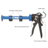 The CRL Cox caulking gun is shown with labels pointing to the cartridge locating straps, wear compensating device, ladder hook, and thumb pressure release.