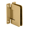 An angled view showing the wall mounting plate and hinge mechanism of the brass shower door hinge.