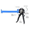 The caulking gun is shown with labels pointing to its features, including the ladder hook, flow control, and seal puncture device.