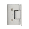 A front-facing view of the polished chrome Victoria Series hinge featuring the CRL logo and mounting screws.