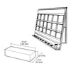 A technical line drawing showing the dimensions of the neoprene base plate pad and its application on a glass rack.