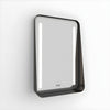 An angled side view of the powder-coated stainless steel mirror showing the depth of the integrated shelf.