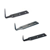 Three metal cold knife blades with mounting holes, part of the 18-blade kit.