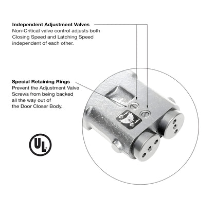 CRL7162 overhead concealed door closer body, double-acting metal unit with adjustment valves and retaining rings, UL listed.