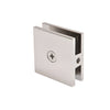A polished nickel square U-clamp for fixed glass panels shown from a rear angle with a clamping screw.