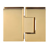 A front-facing view of the square-profile polished brass glass-to-glass hinge.