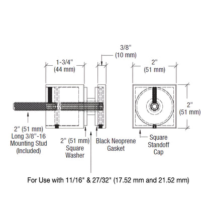 CRL Painted Square Glass Standoff Base & Cap — 1-3/4 in Projection
