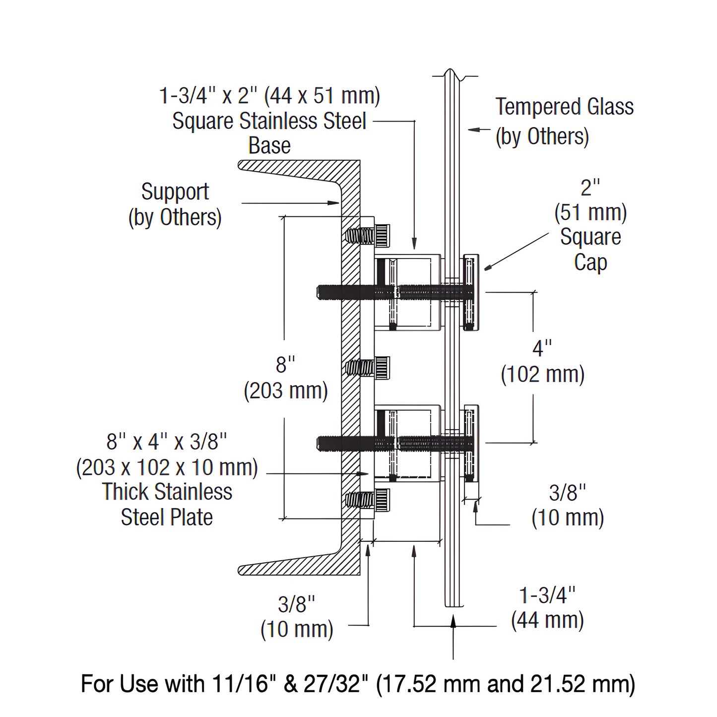 CRL 316 Brushed Stainless 2" Square Glass Rail Standoff w/ Mount Plate