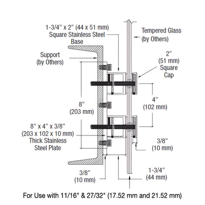 CRL 316 Brushed Stainless 2" Square Glass Rail Standoff w/ Mount Plate