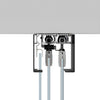 A cross-section view showing the internal rollers and mounting hardware for the two-panel telescoping glass system.