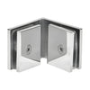 The interior view of the polished chrome square glass-to-glass clamp showing the mounting screws and gaskets.