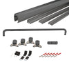 The hardware components for the sliding shower door kit, including metal jambs, rollers, and fasteners.