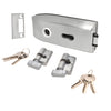 The CRL glass mounted latch assembly shown with its strike plate, locking cylinders, and keys.
