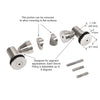 Technical diagram of the polished stainless steel swivel fitting set showing adjustable components for flat or segmented glass mounting.