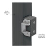 The matte black strike plate block is mounted to a 2-3/8 inch post with a metal strike plate attached.