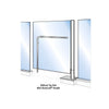 A technical illustration showing a free-standing glass gate system with a polished stainless steel post and Blumcraft handle.