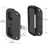 A technical diagram of the black sliding screen latch showing 3-7/8" height, 2-1/4" width, and 3" screw hole spacing.
