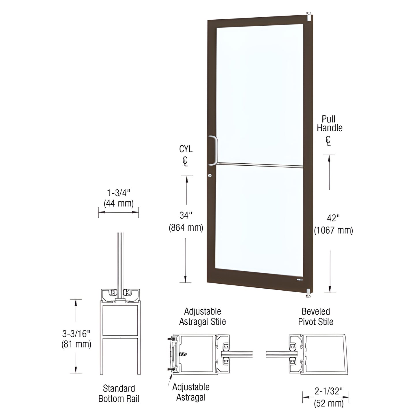 36"x84" narrow-stile offset entrance door, black bronze anodized finish, accepts 1/4" tempered glass. SKU DC22222LA36