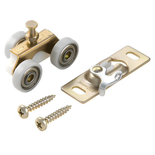 CRL1125 wardrobe door hanger: brass-tone bracket with triple 1" nylon ball-bearing rollers, mounting plate and screws.