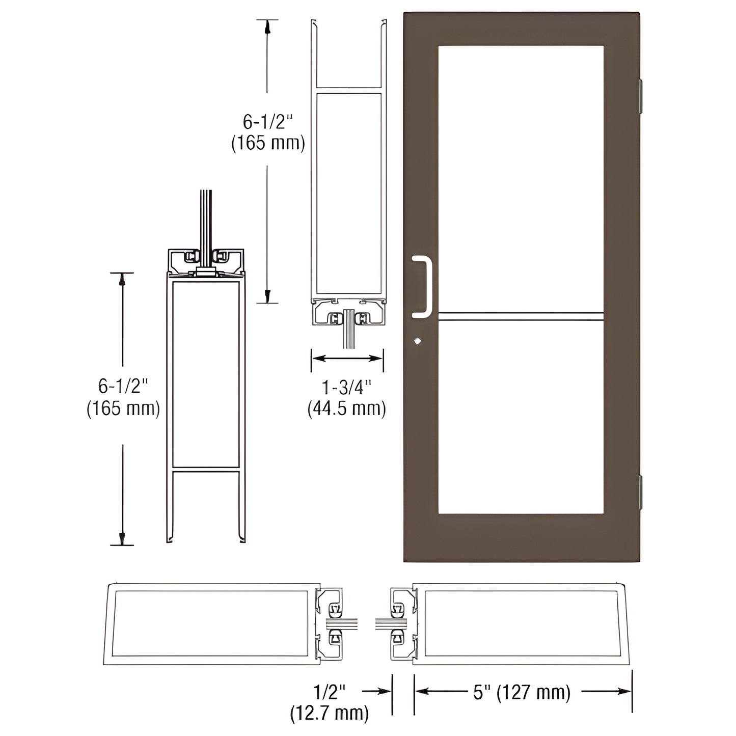 DC51422 black bronze anodized wide-stile commercial entrance door with 5 in stiles, 6-1/2 in bottom rail and glass panel