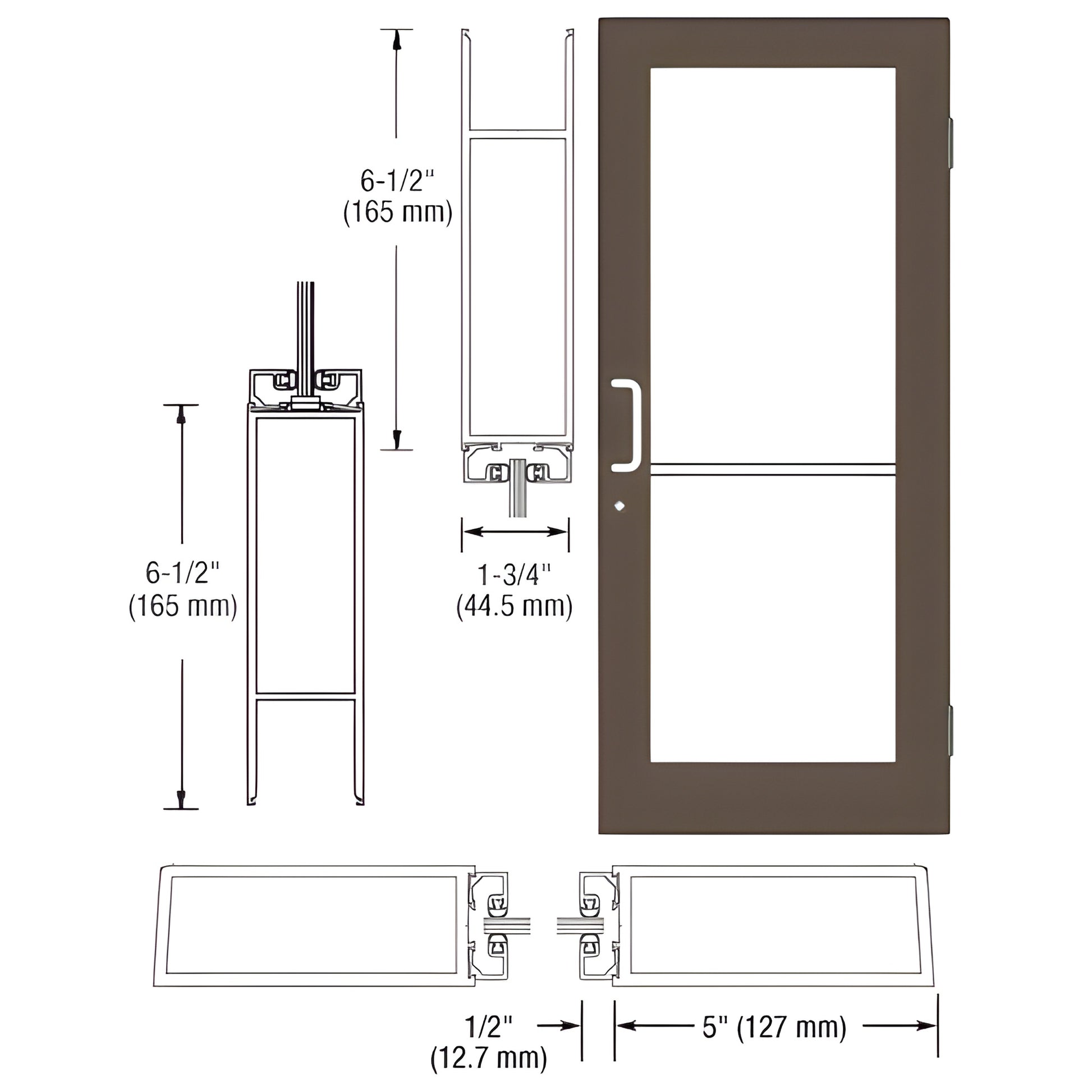 DC51422 black bronze anodized wide-stile commercial entrance door with 5 in stiles, 6-1/2 in bottom rail and glass panel